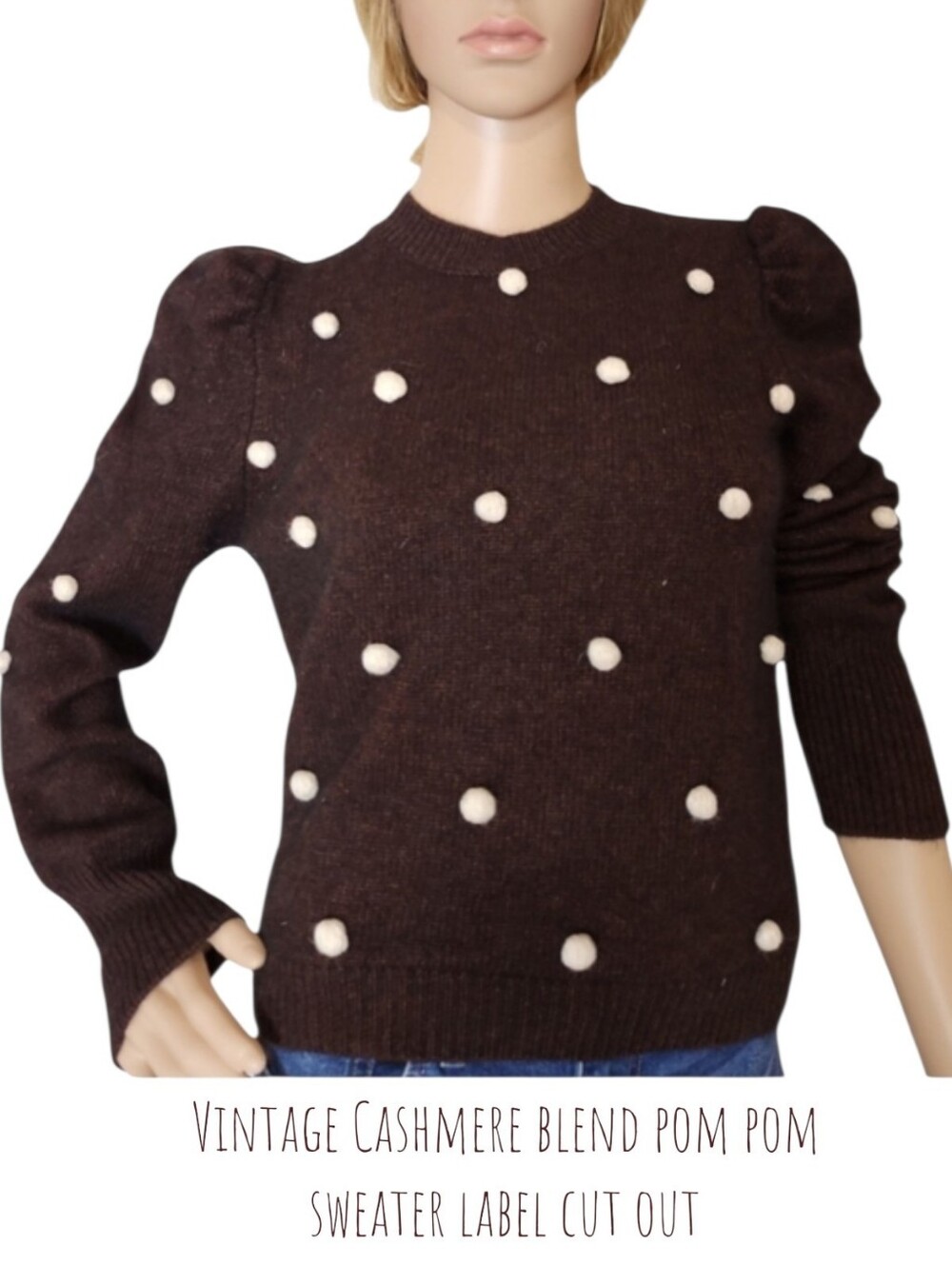 Vintage Women's Pom Pom  crewneck Puff Sleeve Knit sweater brown Black cream
